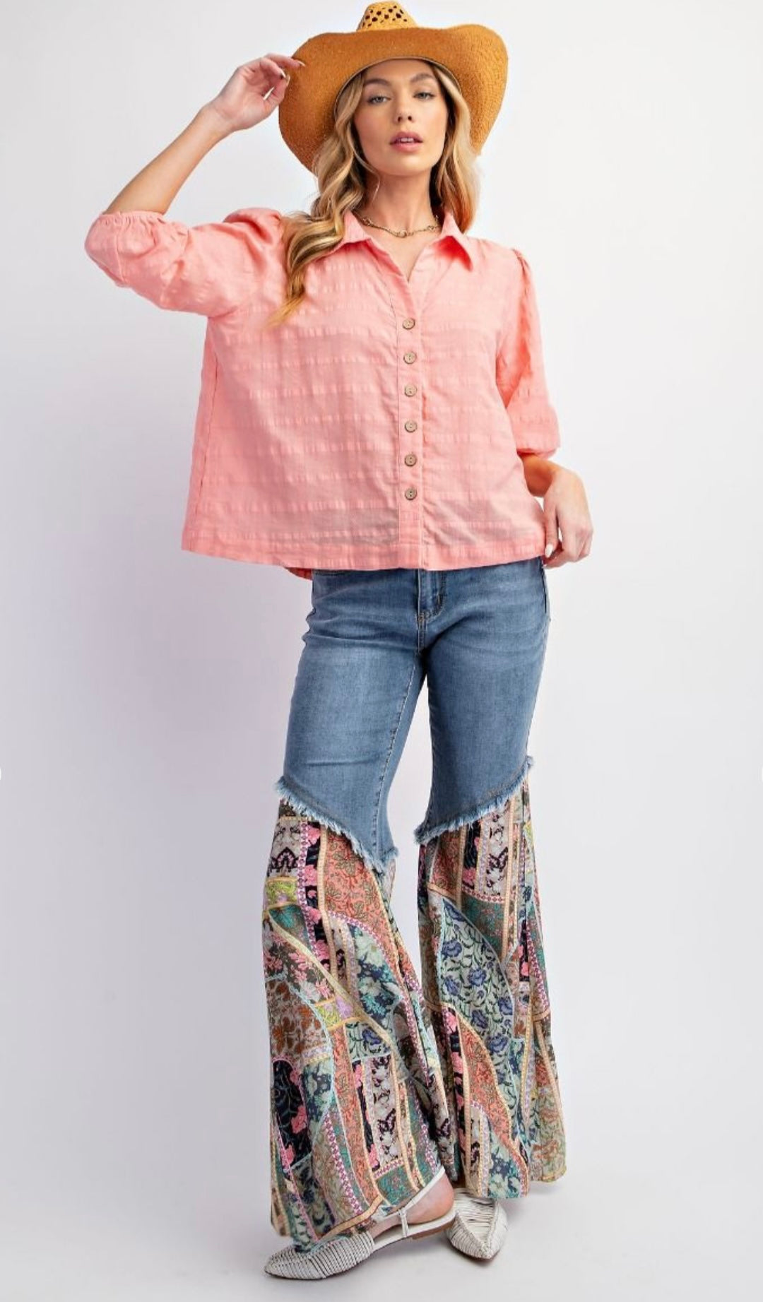 ET70338 TEXTURED VOILE BUTTON DOWN SHIRT -CORAL