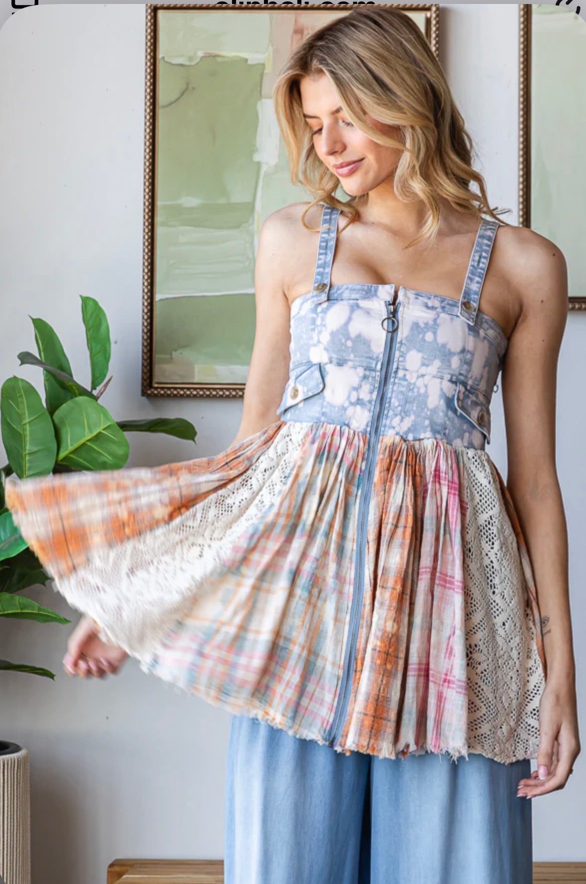 JT0479 Denim Patchwork Top