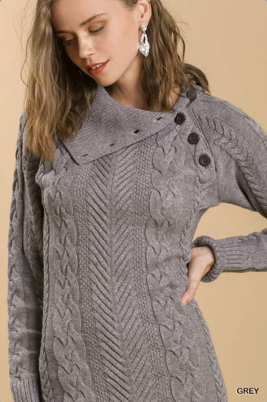 A0366 Cable Knit Sweater Dress with Adjustable Turtle Neck
