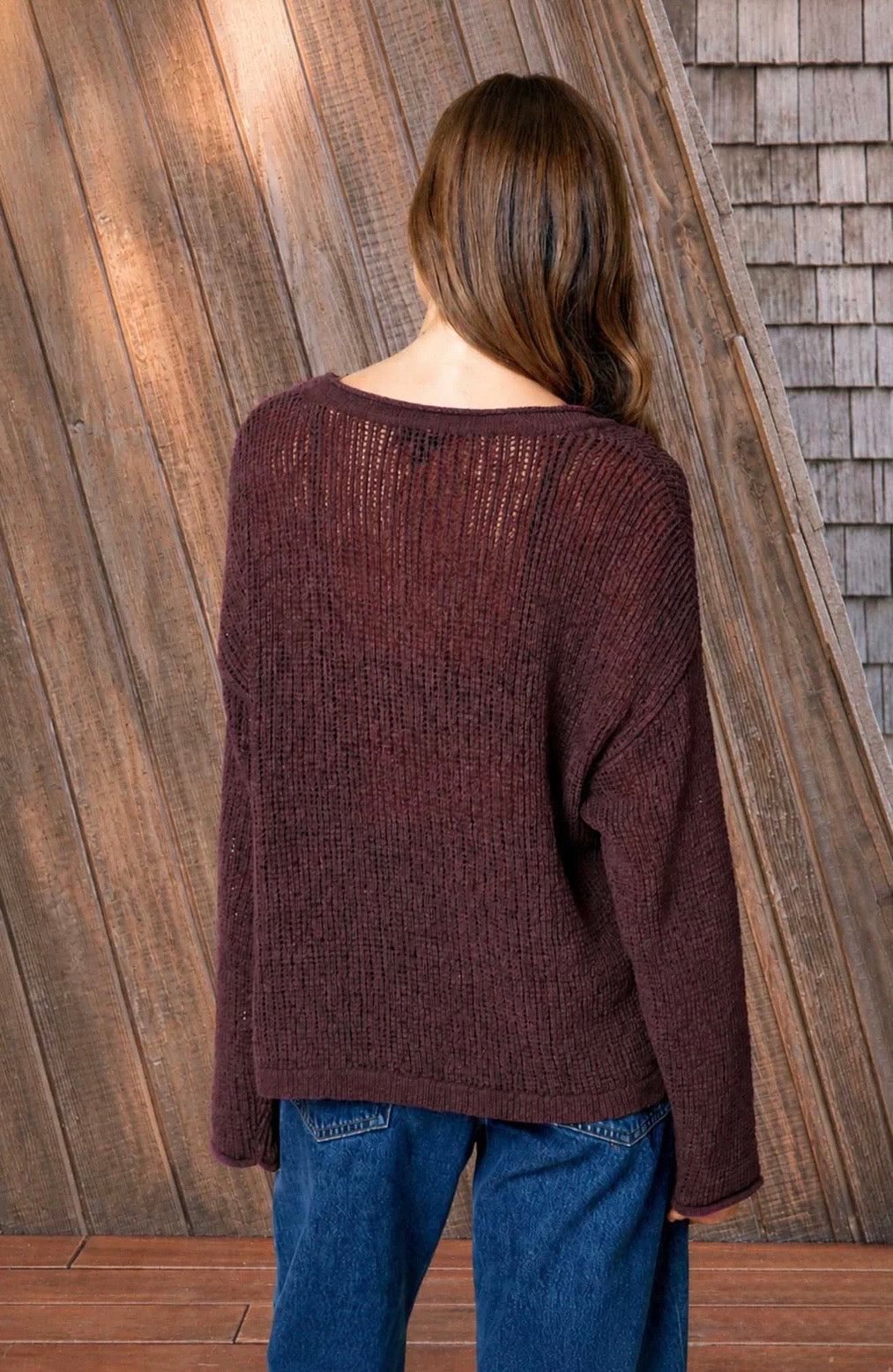 B6FT1030A RAW EDGE SPLIT NECK LONG SLEEVE SHEER KNIT SWEATER
