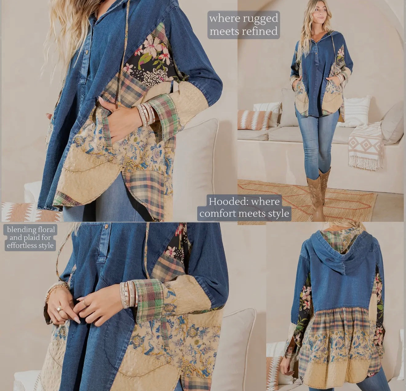 Western Boho Chic: Hooded High Low Patchwork Top