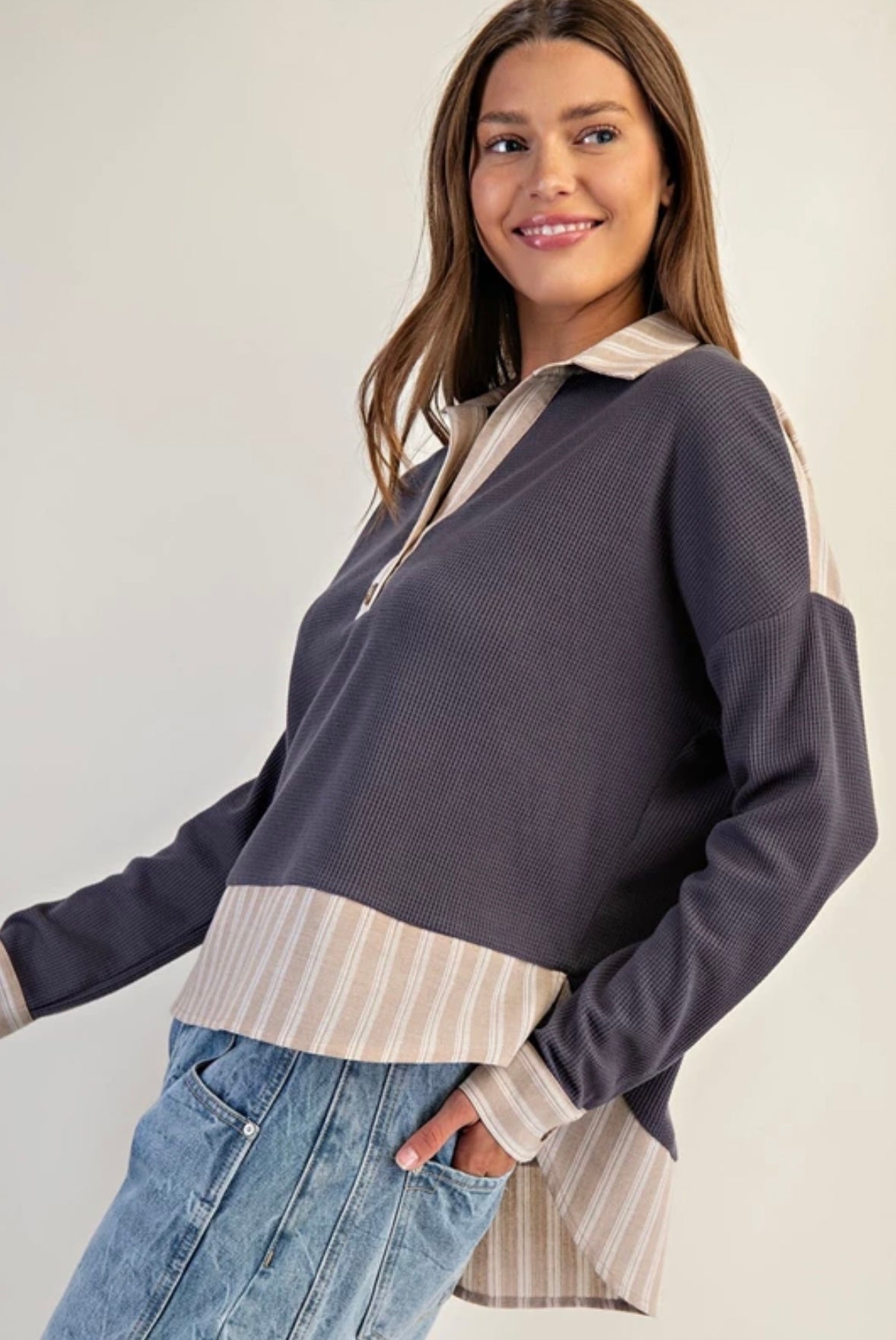 TK14113 Striped Contrast Trim Waffle Knit Collared Top