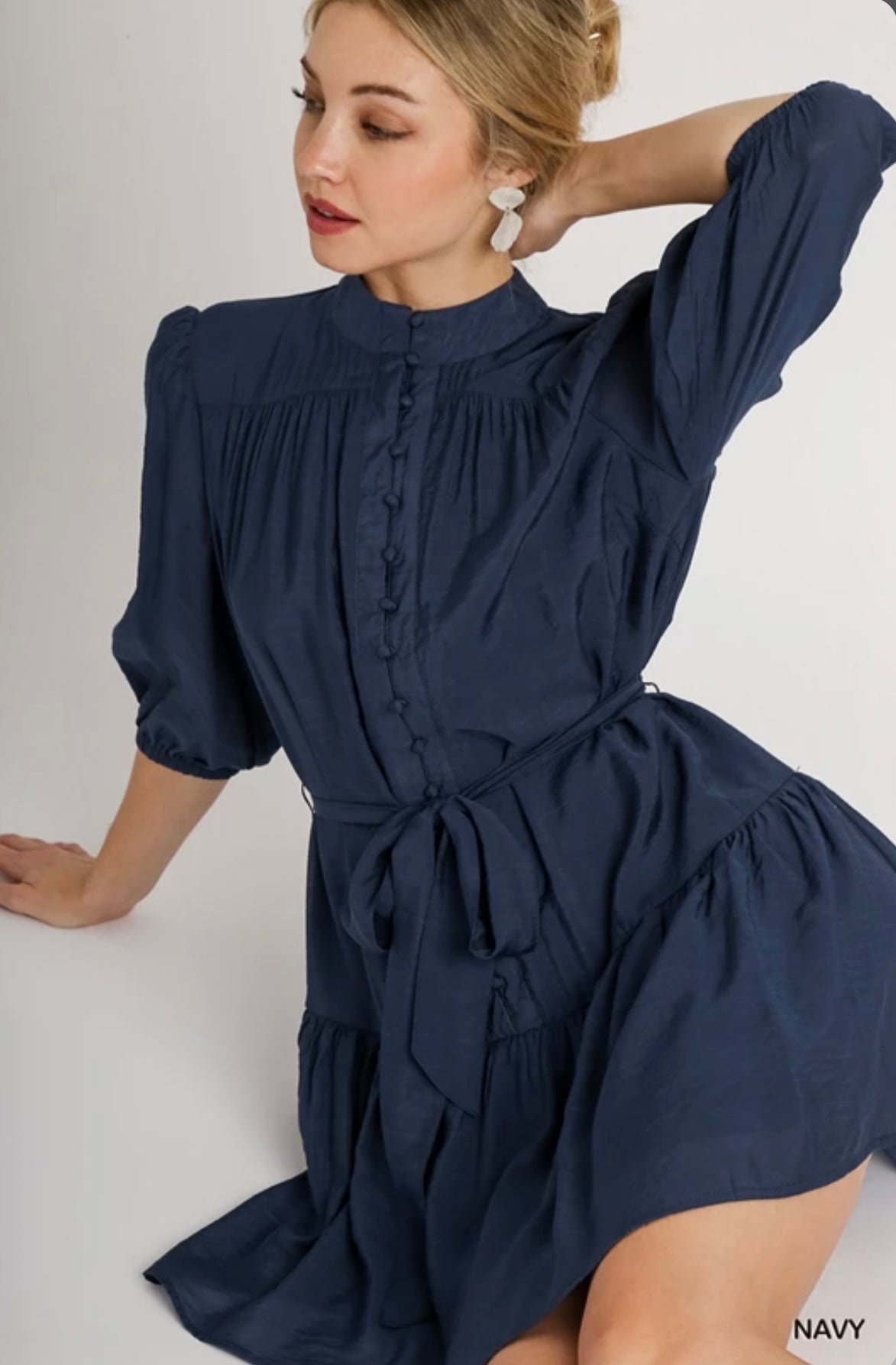 C3633 Mandarin Collar Fabric Button Down Dress with Short Puff Sleeves & Front Tie Belt
