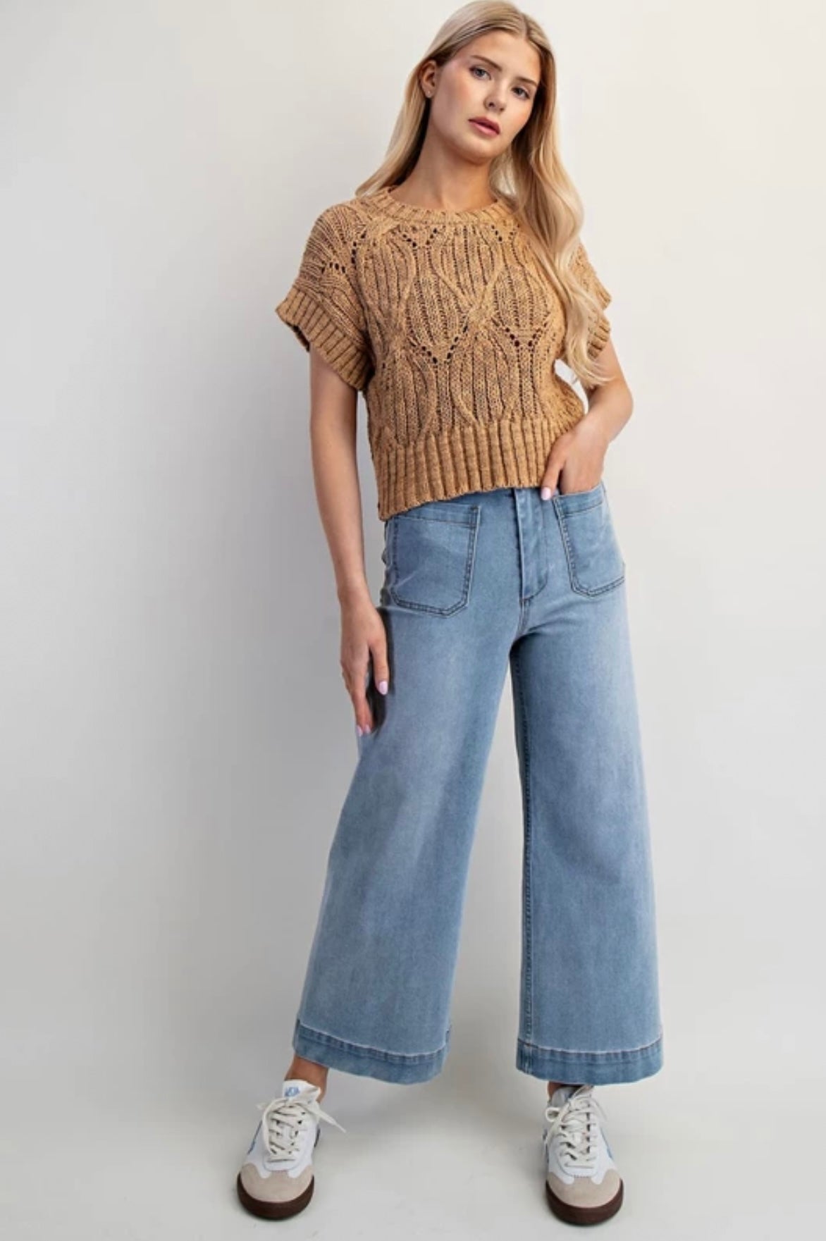 SG10081 Cable Knit Short Sleeve Sweater Top