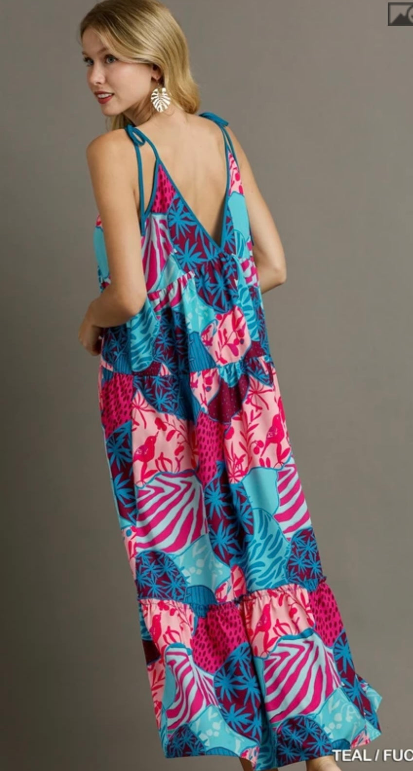 K8401 Mixed Print Spaghetti Tie Strap Dress