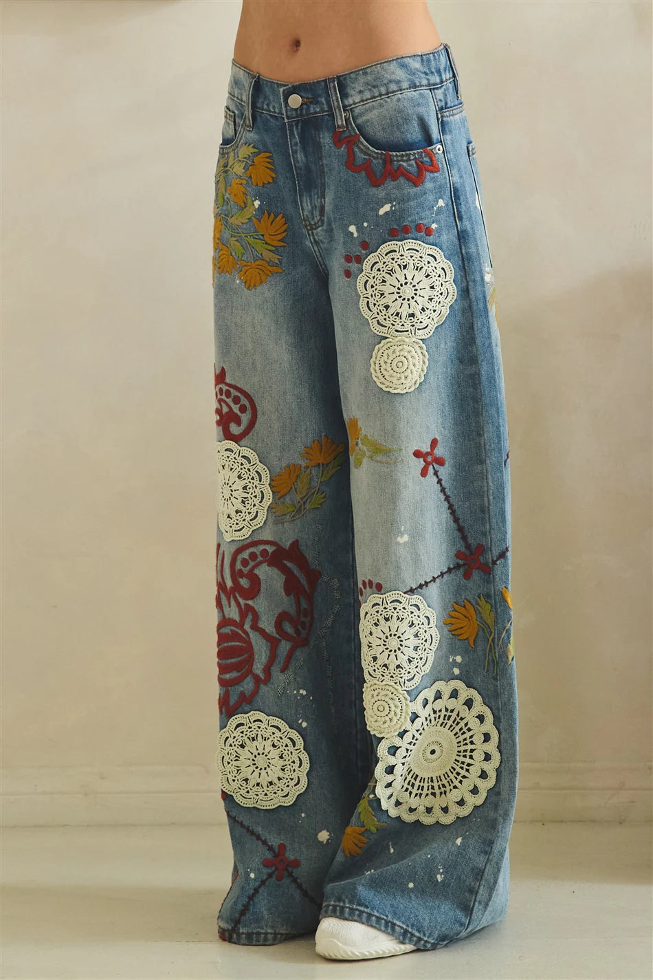 BP1190 Washed Embroidery Wide Leg Denim Jeans