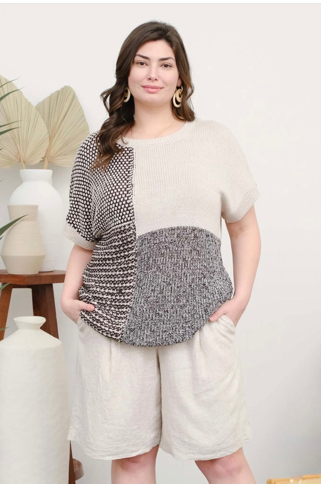 PB5ST1047 PLUS MULTI PATTERN COLORBLOCK SHORT SLEEVE SWEATER