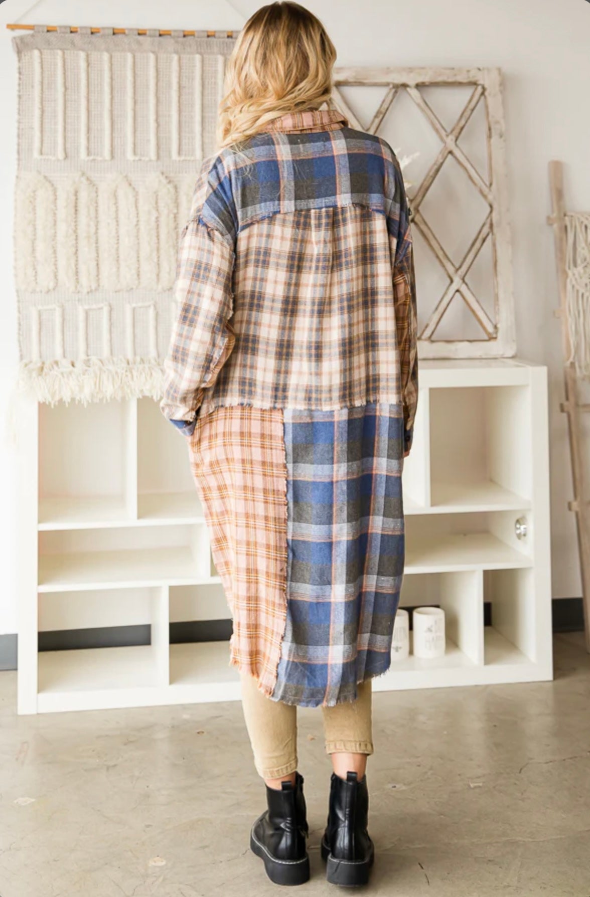 JT0004 WASHED PLAID MIXED LONGLINE SHIRT TOP