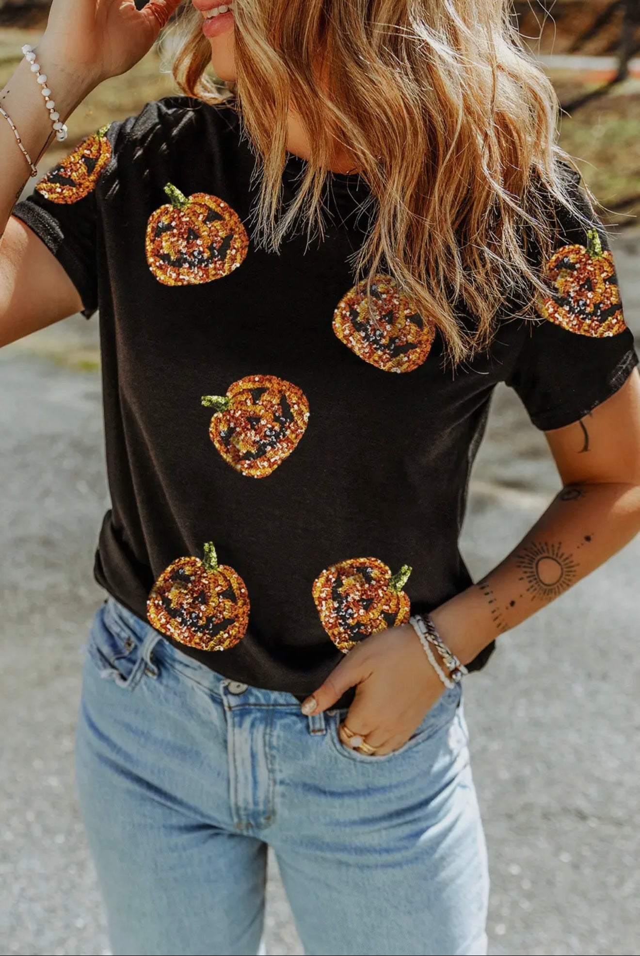 Sequin Pumpkin Face Halloween T Shirt