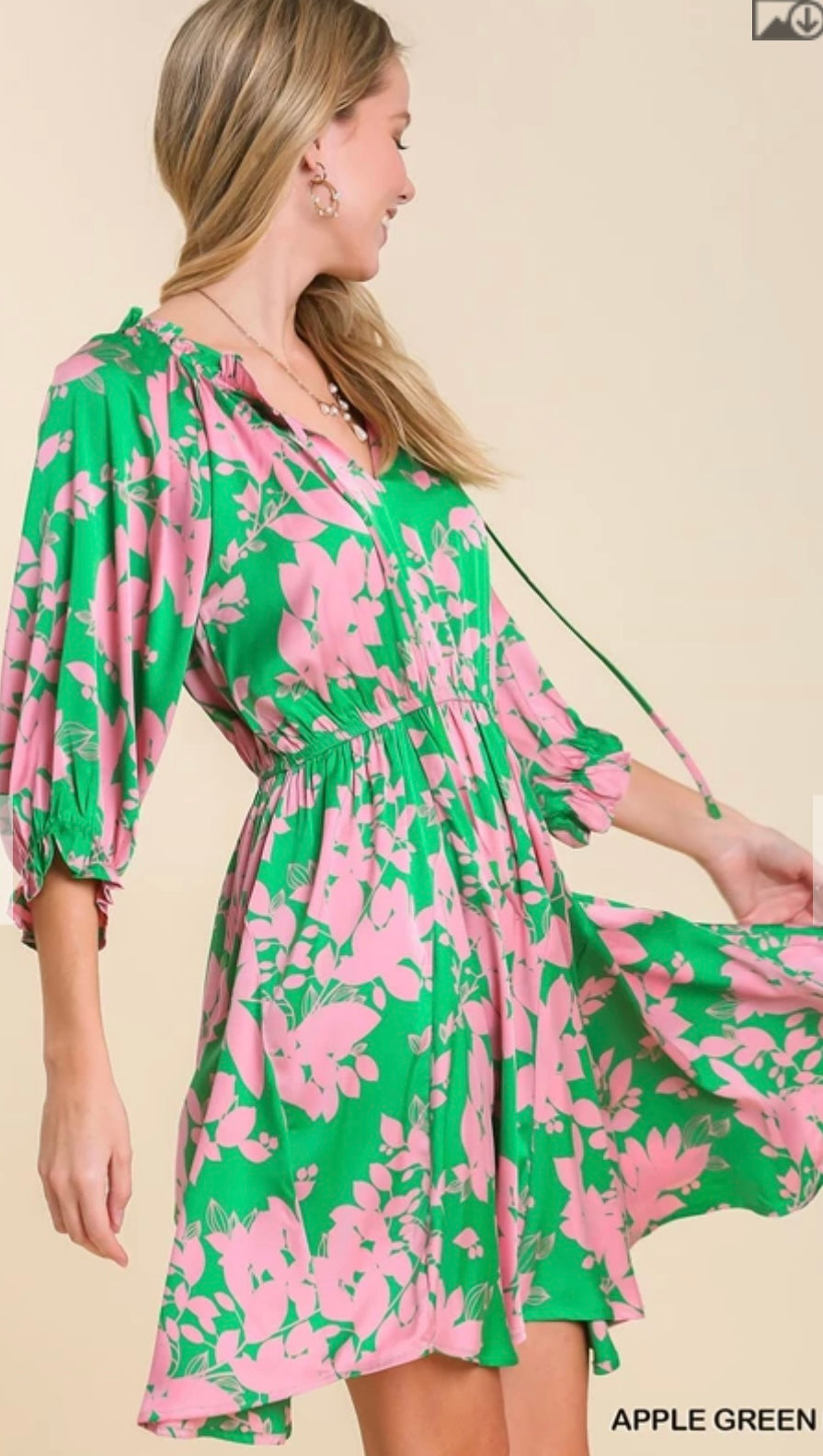 R0157 Graphic Floral Print Split Neck Dress with Neck Tie Detail, Ruffle Trim Neck Line & 3/4 Puff Sleeves