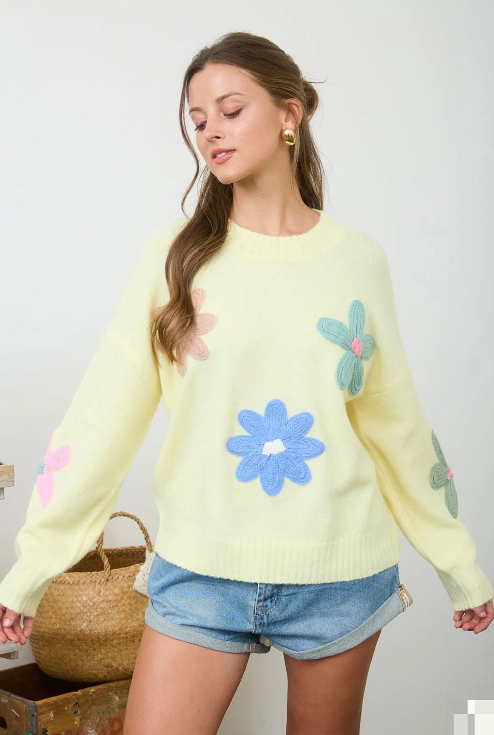 CR2751 MULTI-COLOR CROCHET FLORAL DETAIL KNIT PULLOVER SWEATER -Butter Yellow