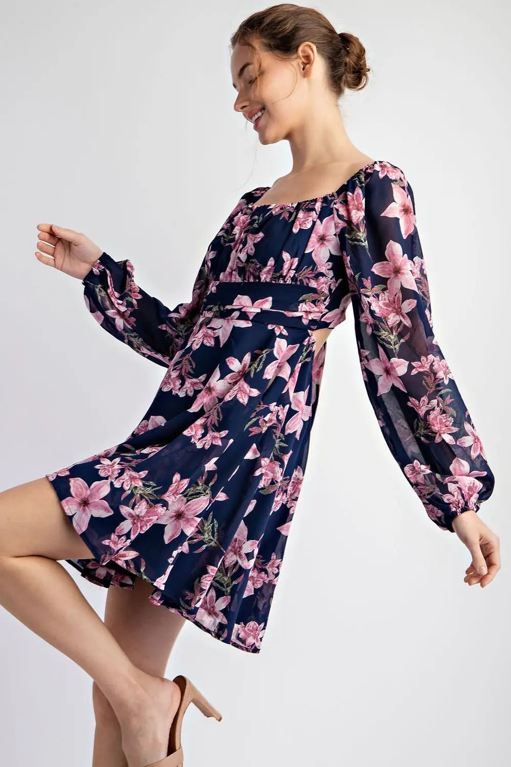 K7872 Floral Open Back Tie Mini Dress
