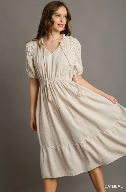 B8501 Linen Split Neck Front Tie Midi Dress