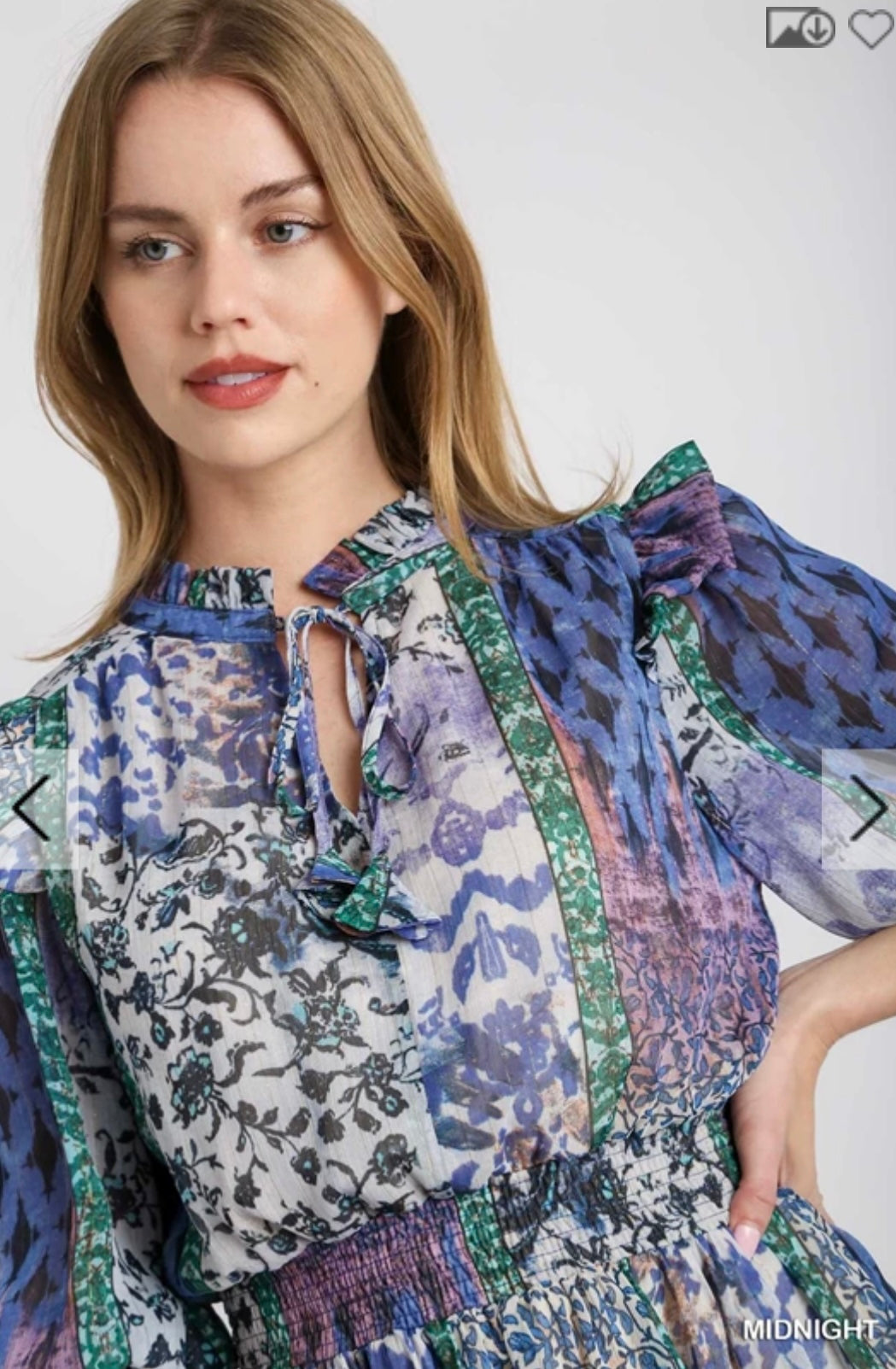 R0832 Mixed Print Ruffle Neckline with Front Tie Dress with Elastic Smocked Waistband