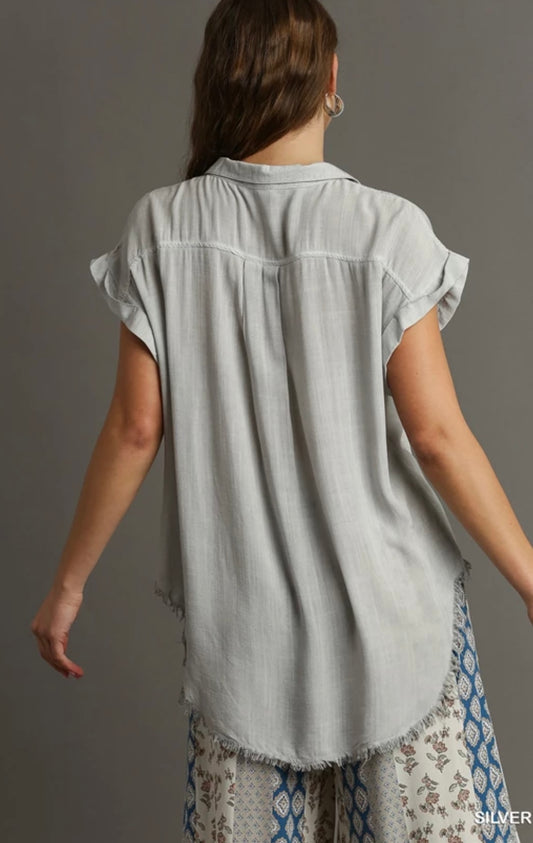 A3025 Mineral Washed Collard V-Neck Button Down Top-LIME GREEN