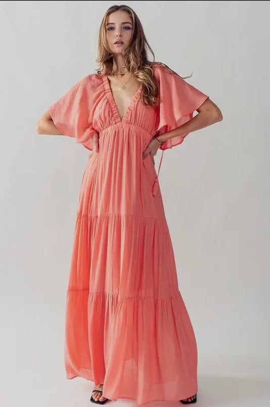UDHF24E235 Deep V Neck Tiered Maxi Dress-Coral