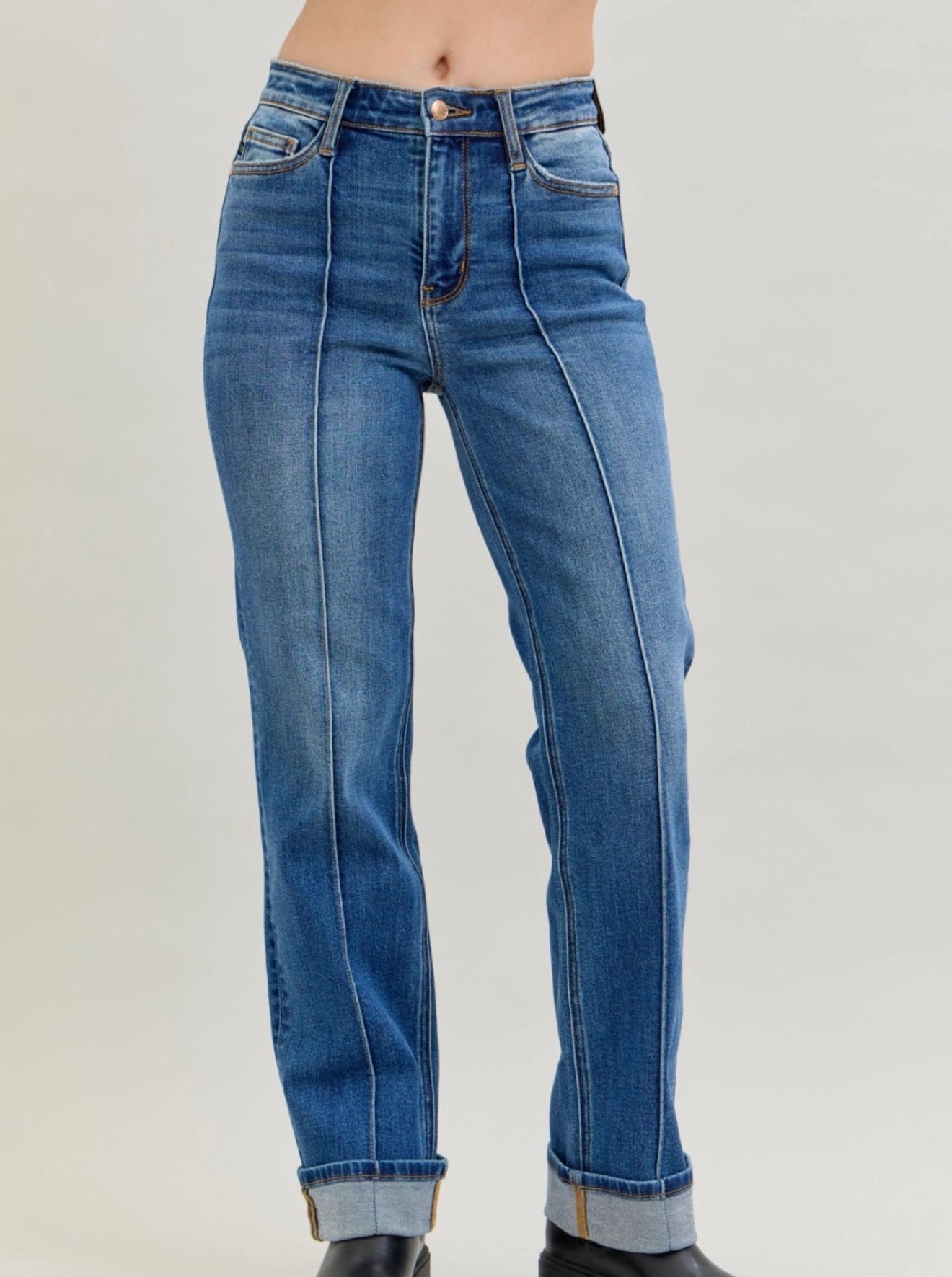 82571REG Judy Blue Jeans HW Front Seam Detail & Cuffed Straight