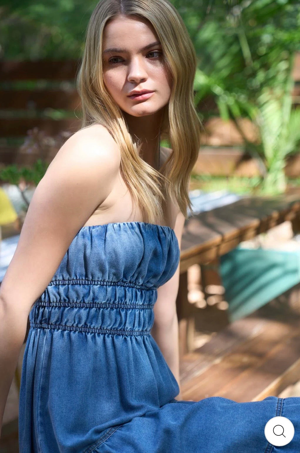 B6SX1051 Strapless Shirred Tiered Denim Midi Sundress