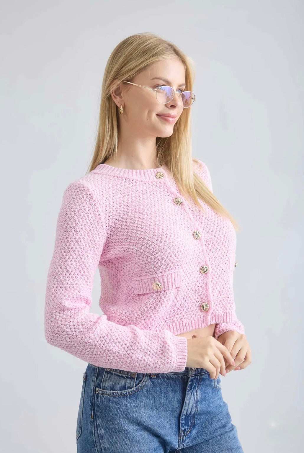 TWS1172 MARLED GOLD BUTTON ROUND NECK KNIT CARDIGAN