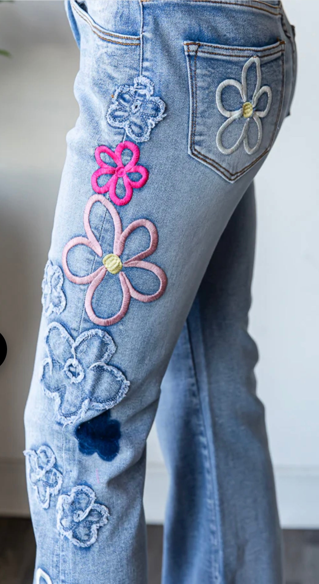 Pre-Order- JP0810 Washed Flowered Embroidery Flare Jeans