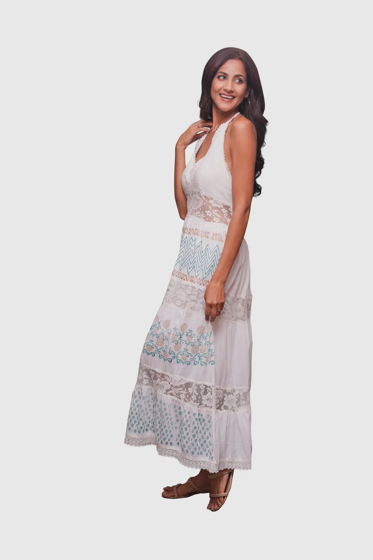 224058 Ethereal White Schiffli Maxi Dress with Lace
