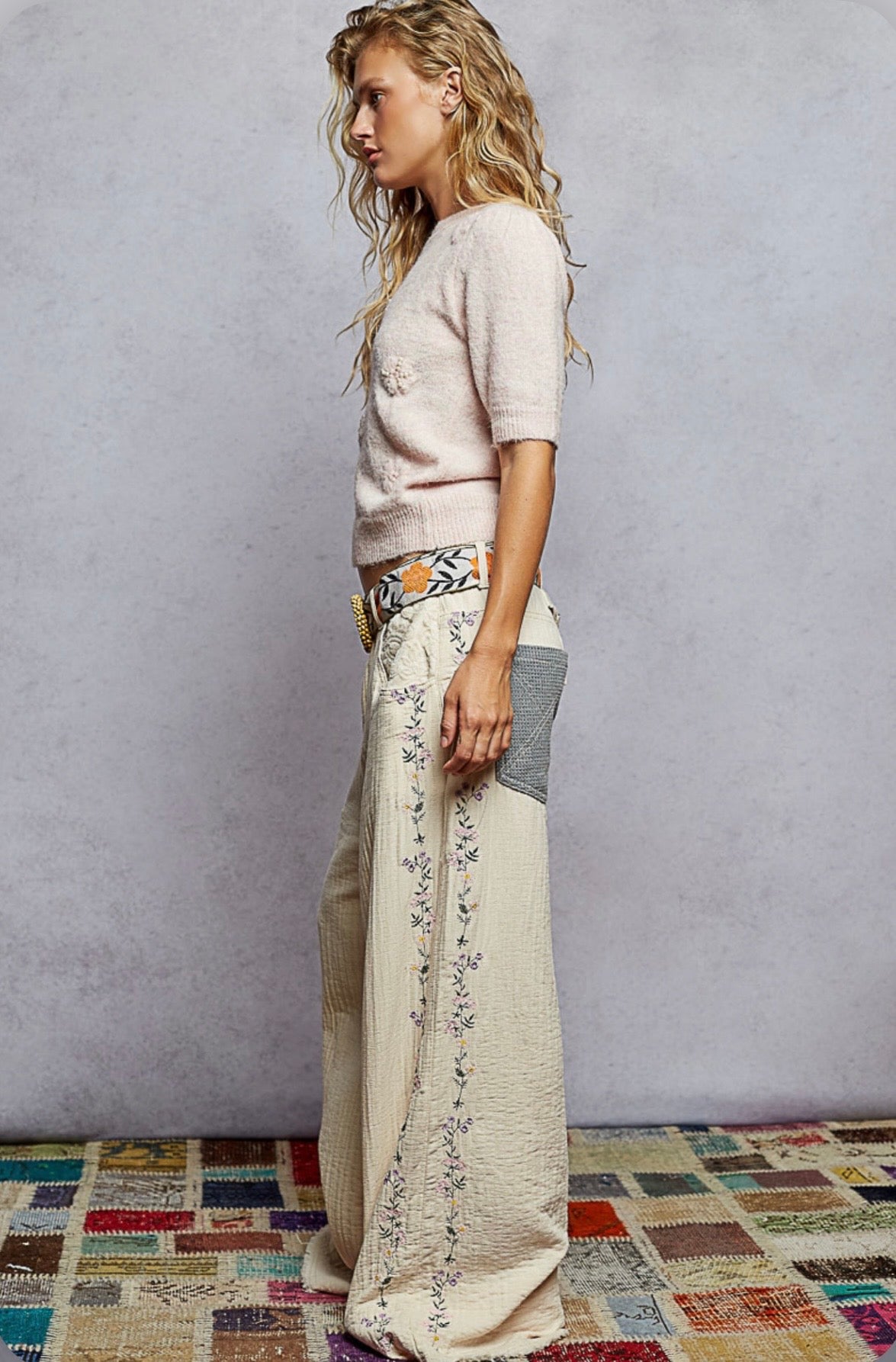 WYP46 Cream Floral Embroidery Contrast Thermal Pant