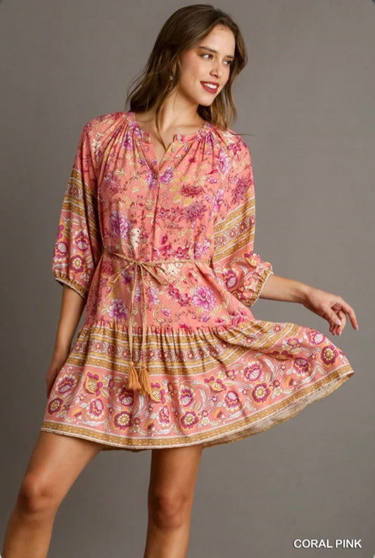 C3703 Border Print Mid Button Down Dress with 3/4 Sleeves, Belt Wait Tassel Tie  