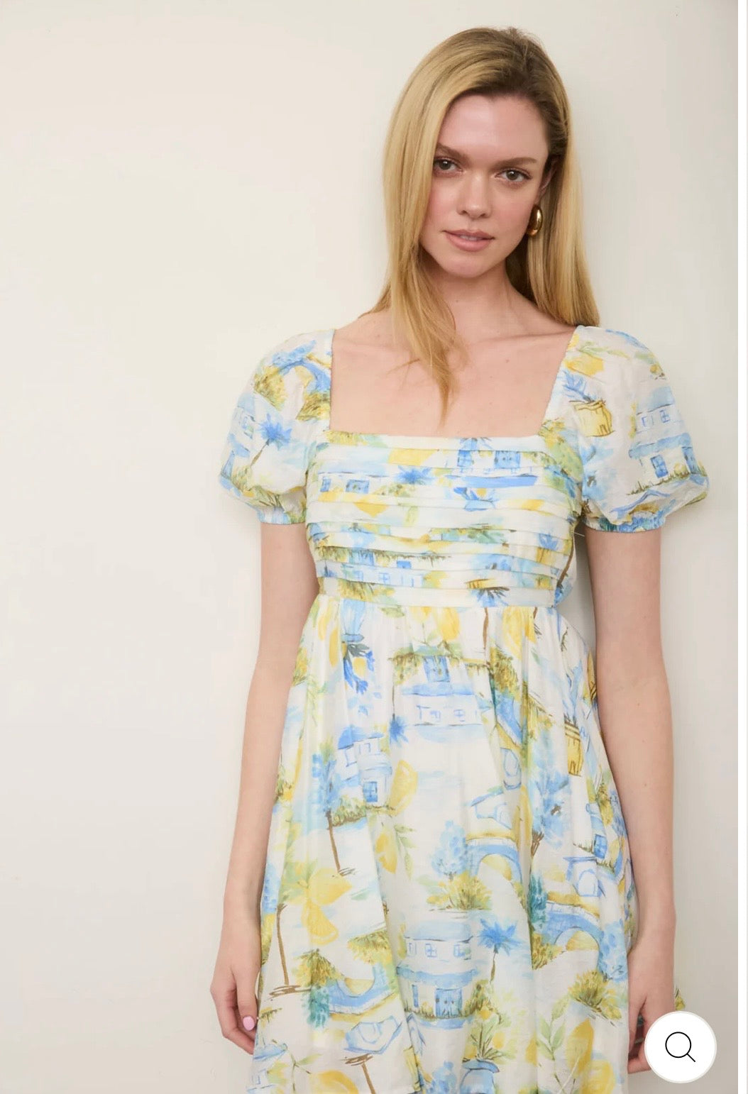 CR2916A Lemon Print Pleated Short Puff Sleeve Mini Dress