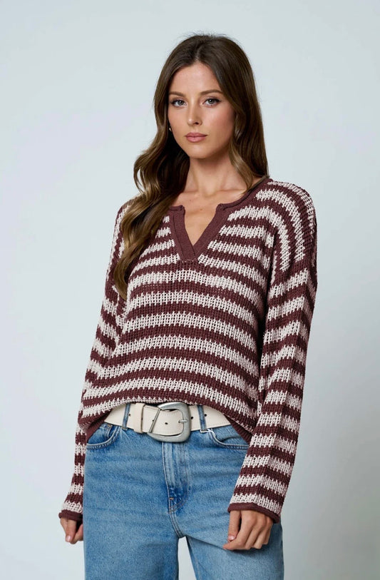 B6FT1030B STRIPE RAW EDGE SPLIT NECK SHEER KNIT SWEATER