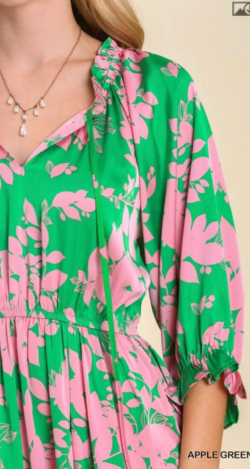 R0157 Graphic Floral Print Split Neck Dress with Neck Tie Detail, Ruffle Trim Neck Line & 3/4 Puff Sleeves