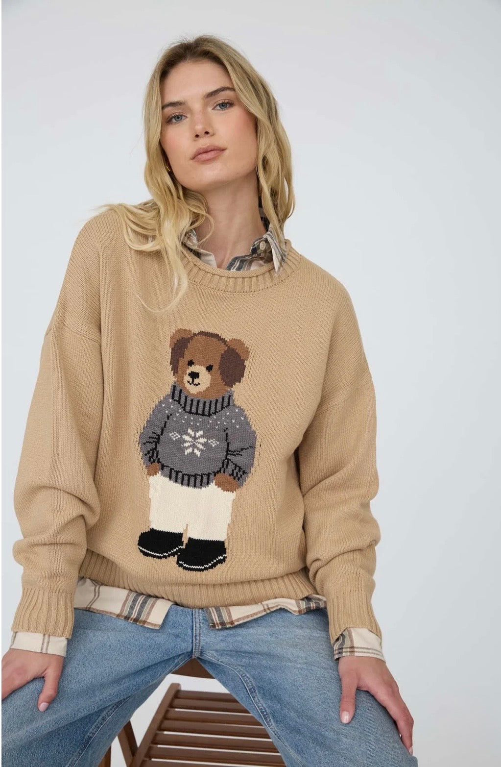 J6FT1016 TEDDY BEAR CREW NECK INTARSIA KNIT SWEATER