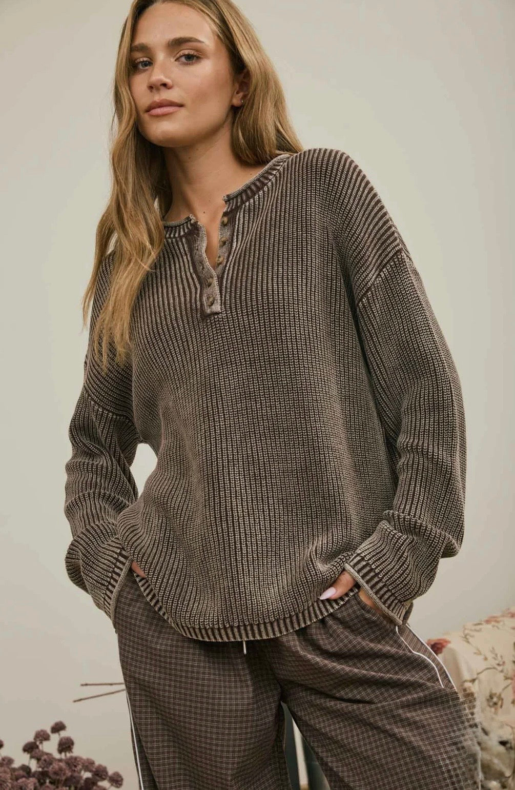 J6FT1029 WASHED RIBBED HENLEY DROP SHOULDER KNIT SWEATER