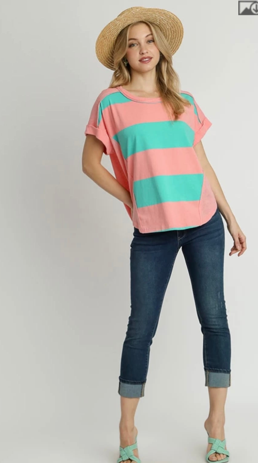 R0957 Stripped Color Block Round Neck Top, Folded Short Sleeves