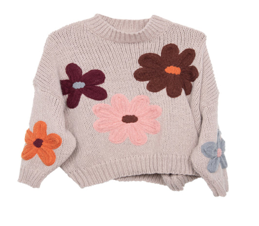 KDC-SWTR-03 TAN KNIT FLORAL STITCHED SWEATER