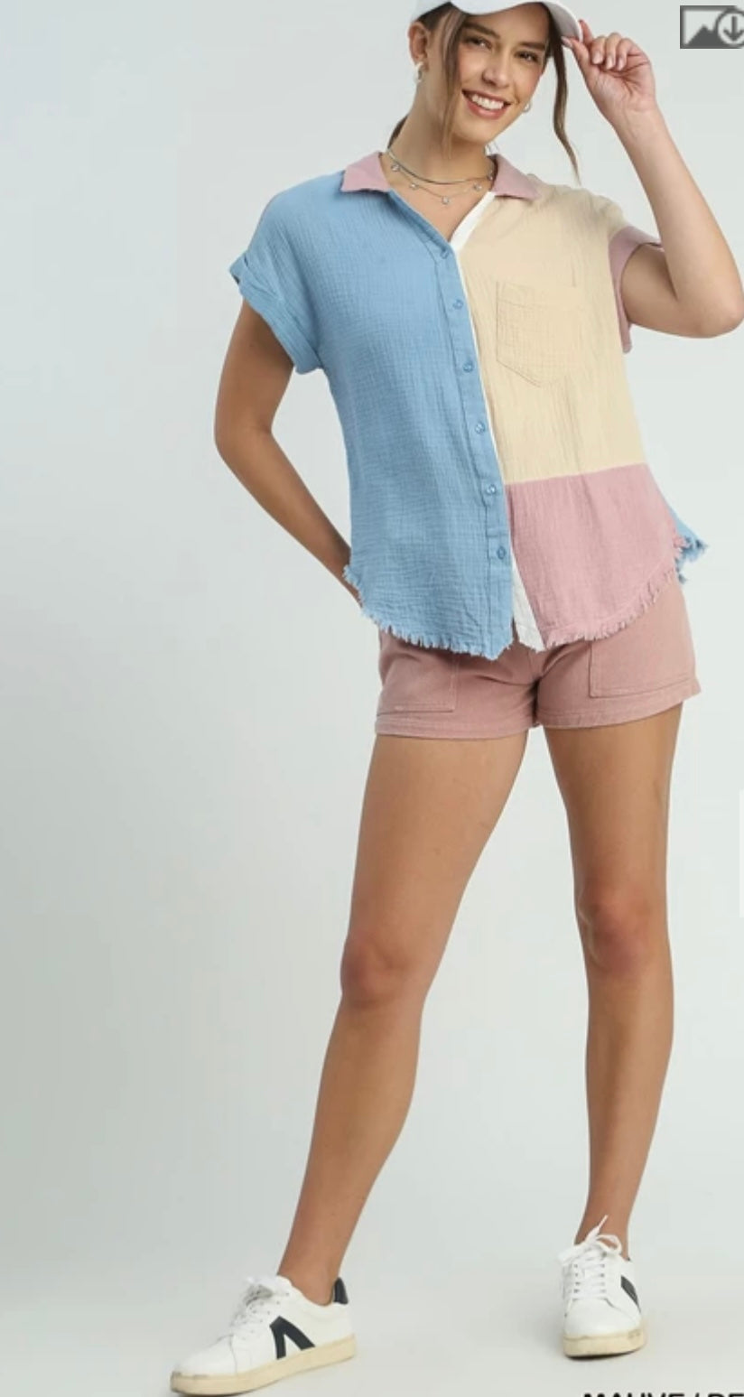 A0190 Color Block Gauze Button Up Short Folded Sleeve Top with Chest Pocket and Frayed Hemline