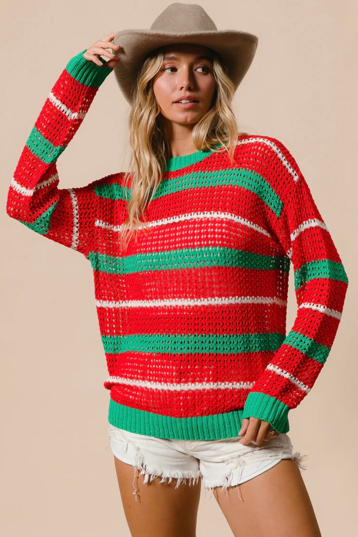 IT2456-01 CHRISTMAS STRIPES POINTELLE SWEATER