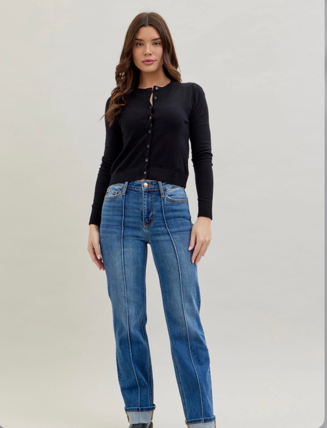 82571REG Judy Blue Jeans HW Front Seam Detail & Cuffed Straight