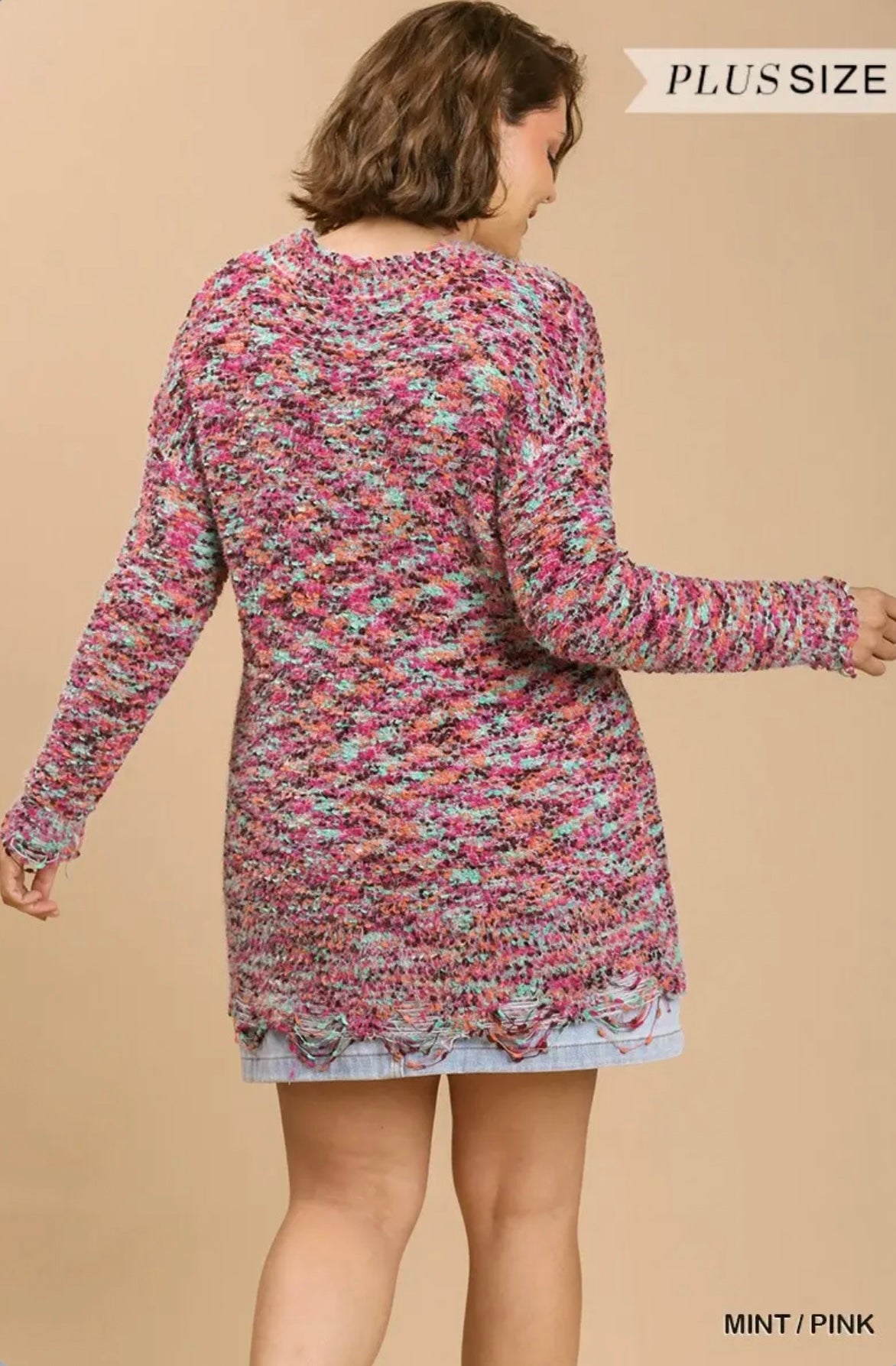 WA6067 Multicolored Round Neck Knit Tunic Dress with Distressed Hem