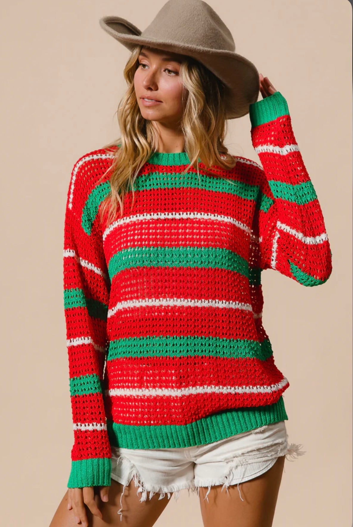 IT2456-01 CHRISTMAS STRIPES POINTELLE SWEATER