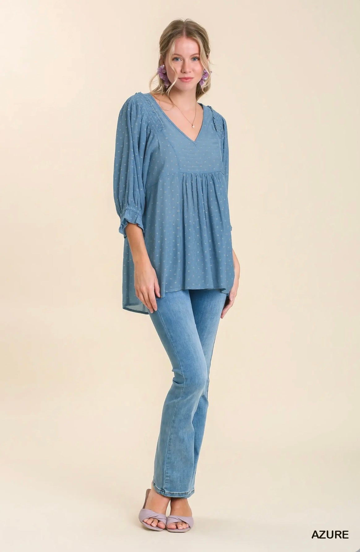 R0065 Dot Embroidered V-Neck Top