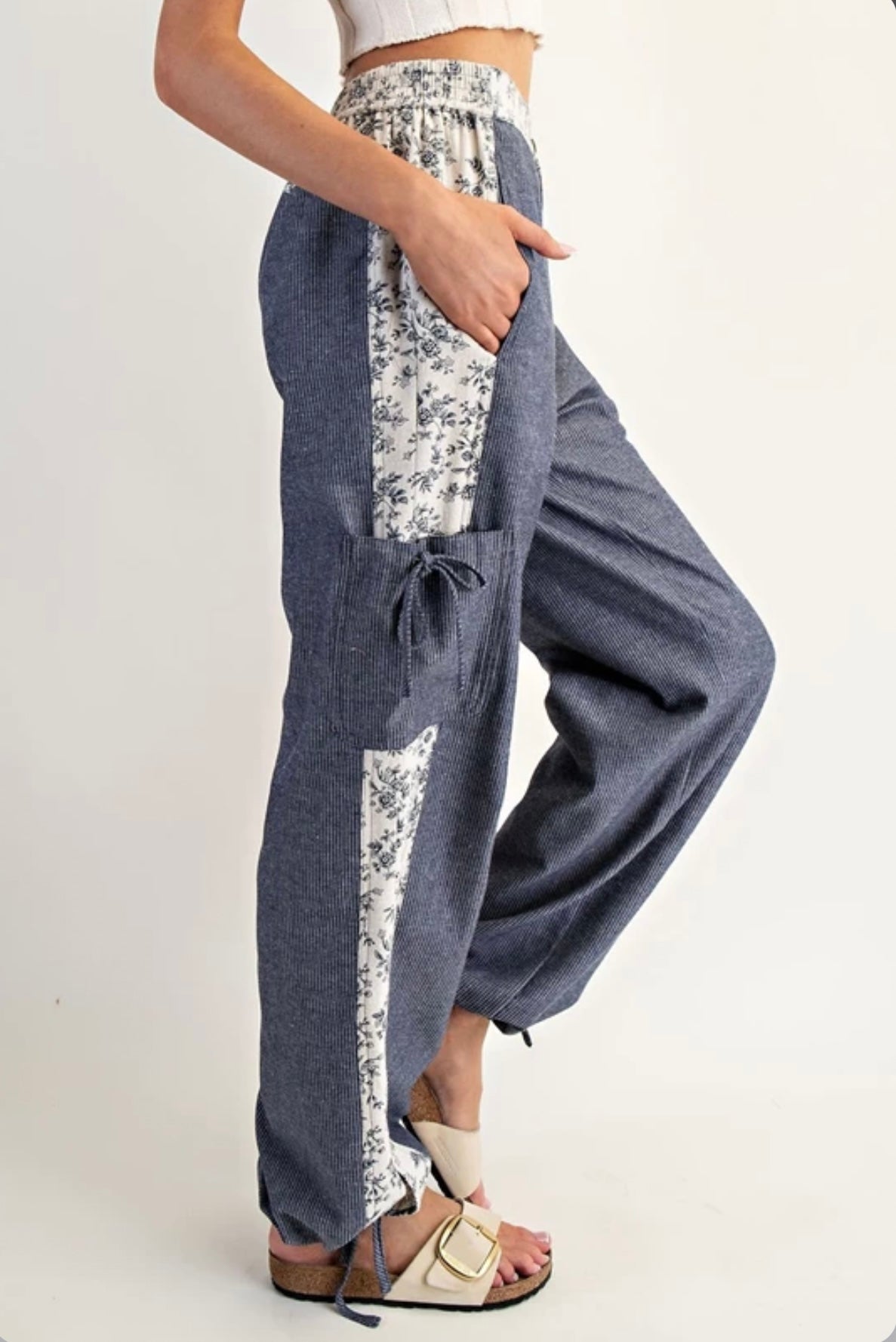 PH15041 Soft Washed Floral Striped Color Block Pants