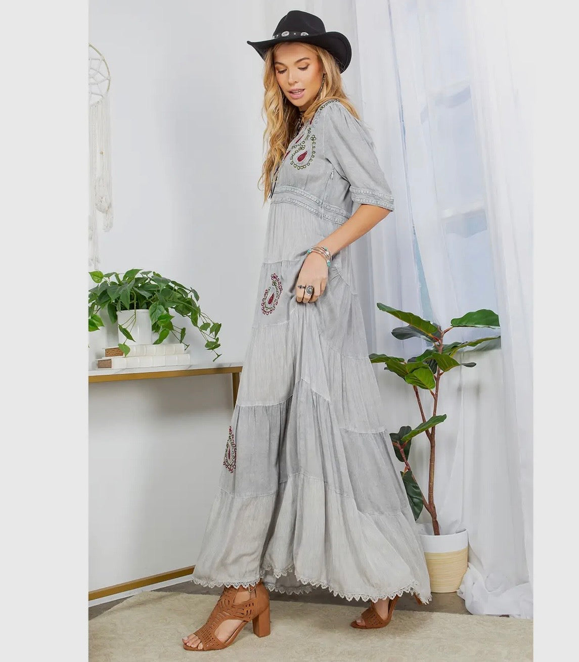 DR44607 Boho Gray Maxi Dress with Embroidered Accents
