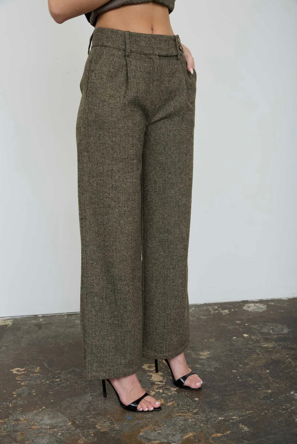 TWS1270-B HIGH WAIST PLEATED WIDE LEG TWEED PANTS