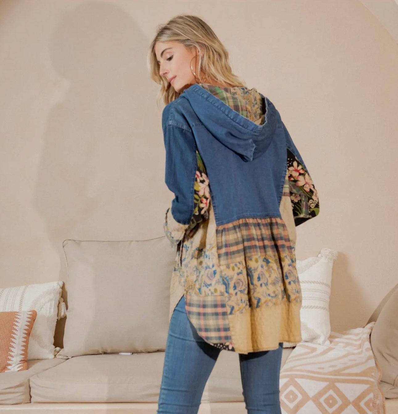 Western Boho Chic: Hooded High Low Patchwork Top