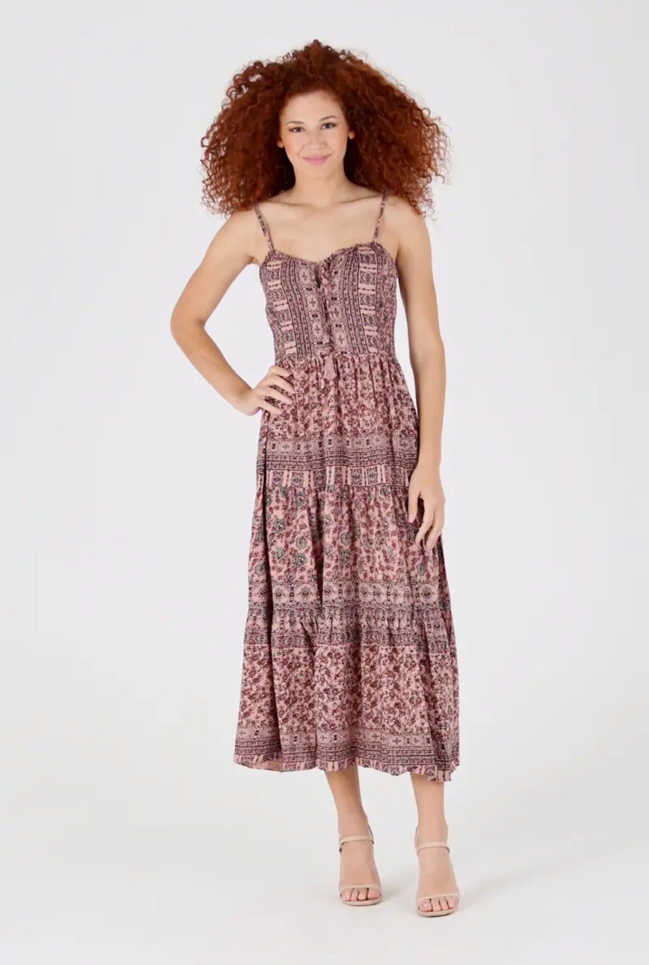 F4E88 Overdye Tie Neck Strappy Back Tiered Skirt Maxi Dress