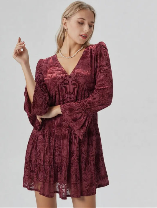 ND31023 Deep V-Neck Velvet Jacquard Holiday Mini Dress