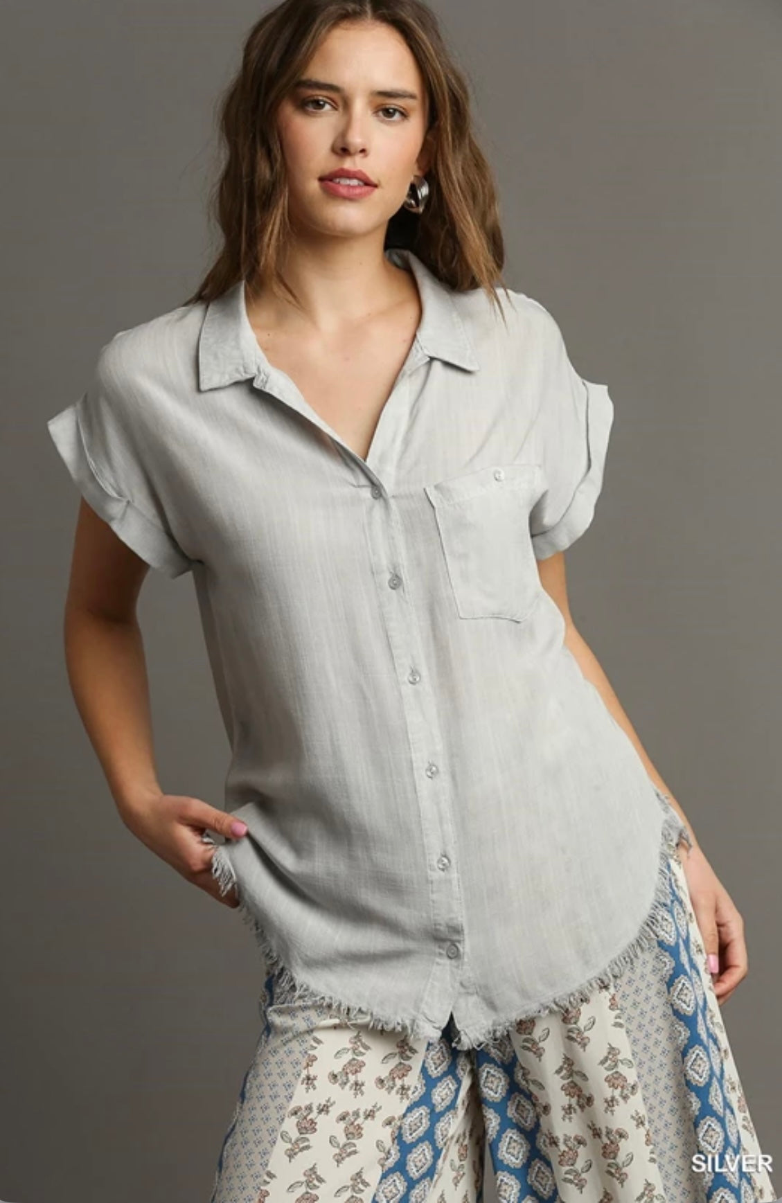 A3025 Mineral Washed Collard V-Neck Button Down Top-LIME GREEN