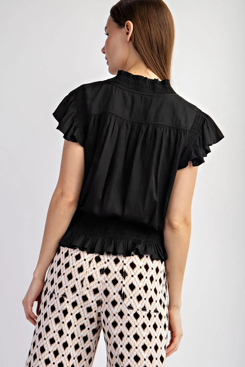 TK9815 SOLID SMOCKED SHORT SLEEVE TOP