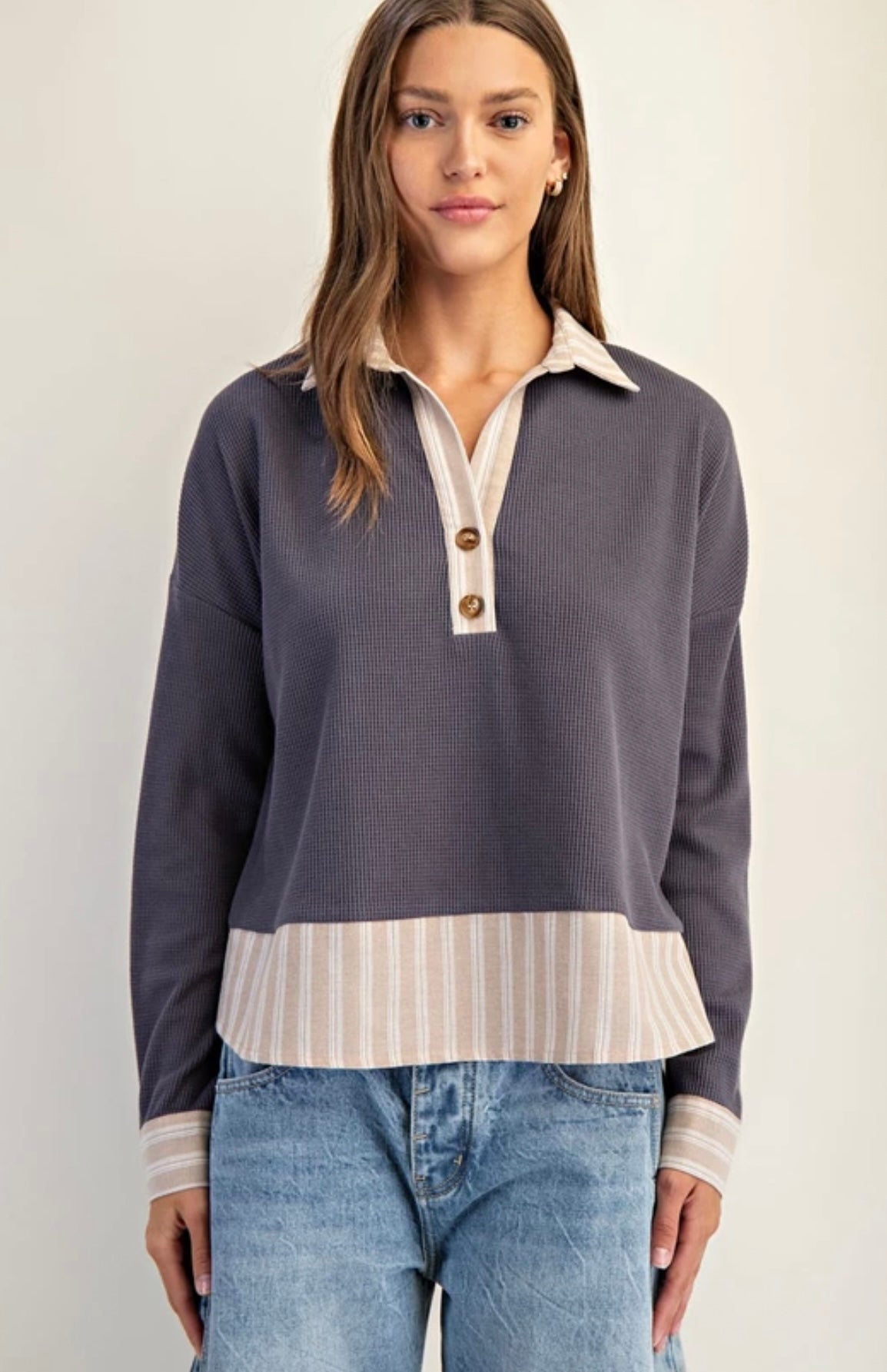 TK14113 Striped Contrast Trim Waffle Knit Collared Top