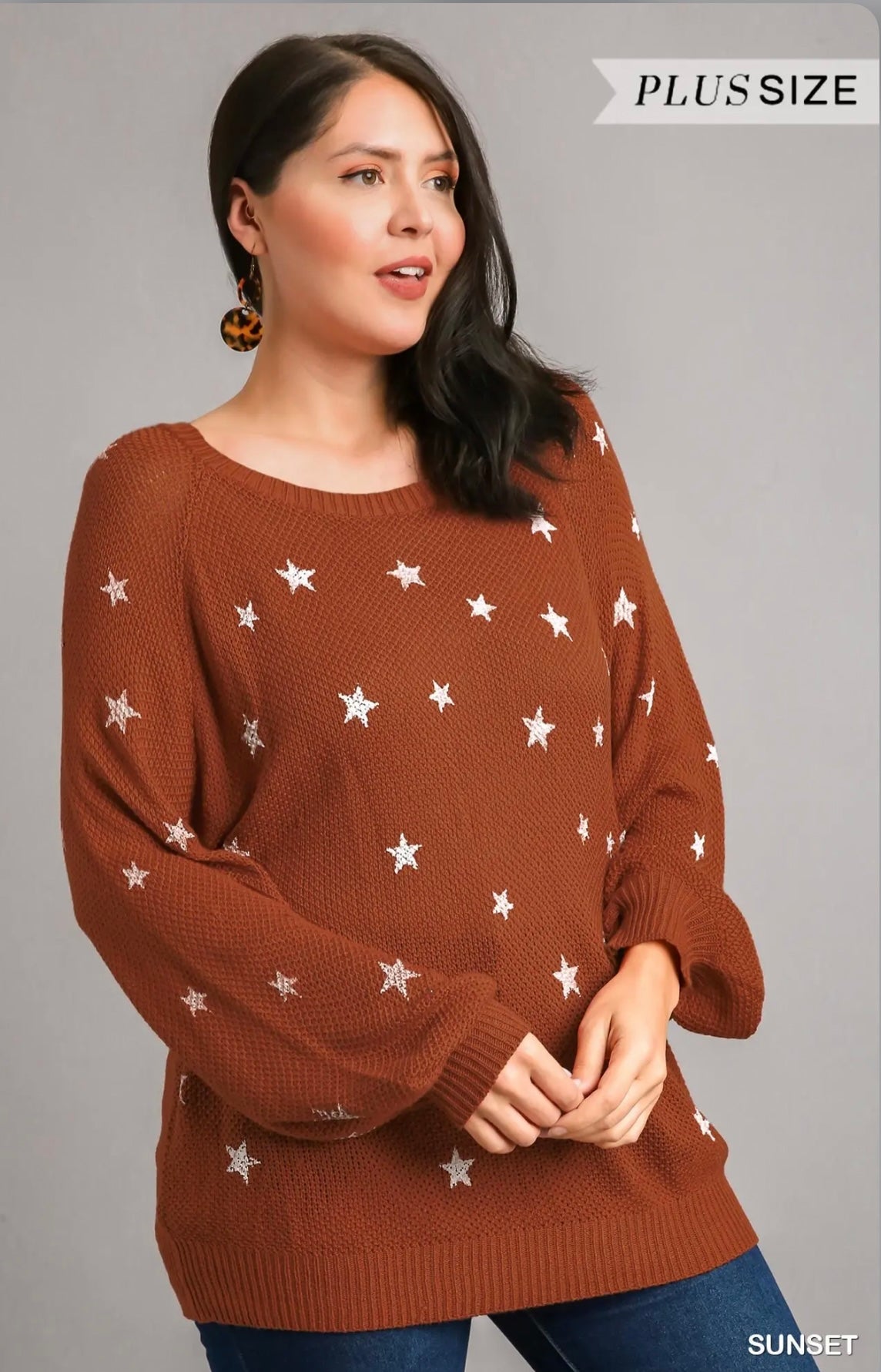 WA6081 Star Hand Stamped Round Neck Pullover Sweater